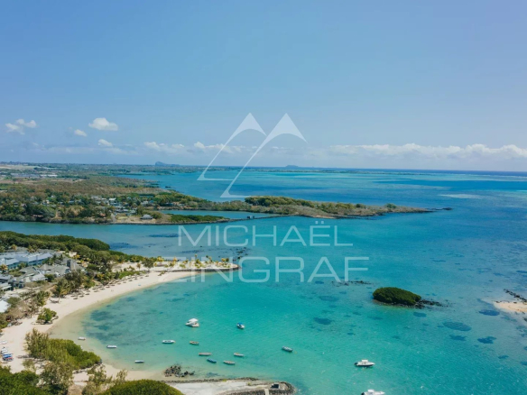 Aerial view of a tropical coastline with turquoise water, white-sand beach, and boats anchored near palm trees along the shore.