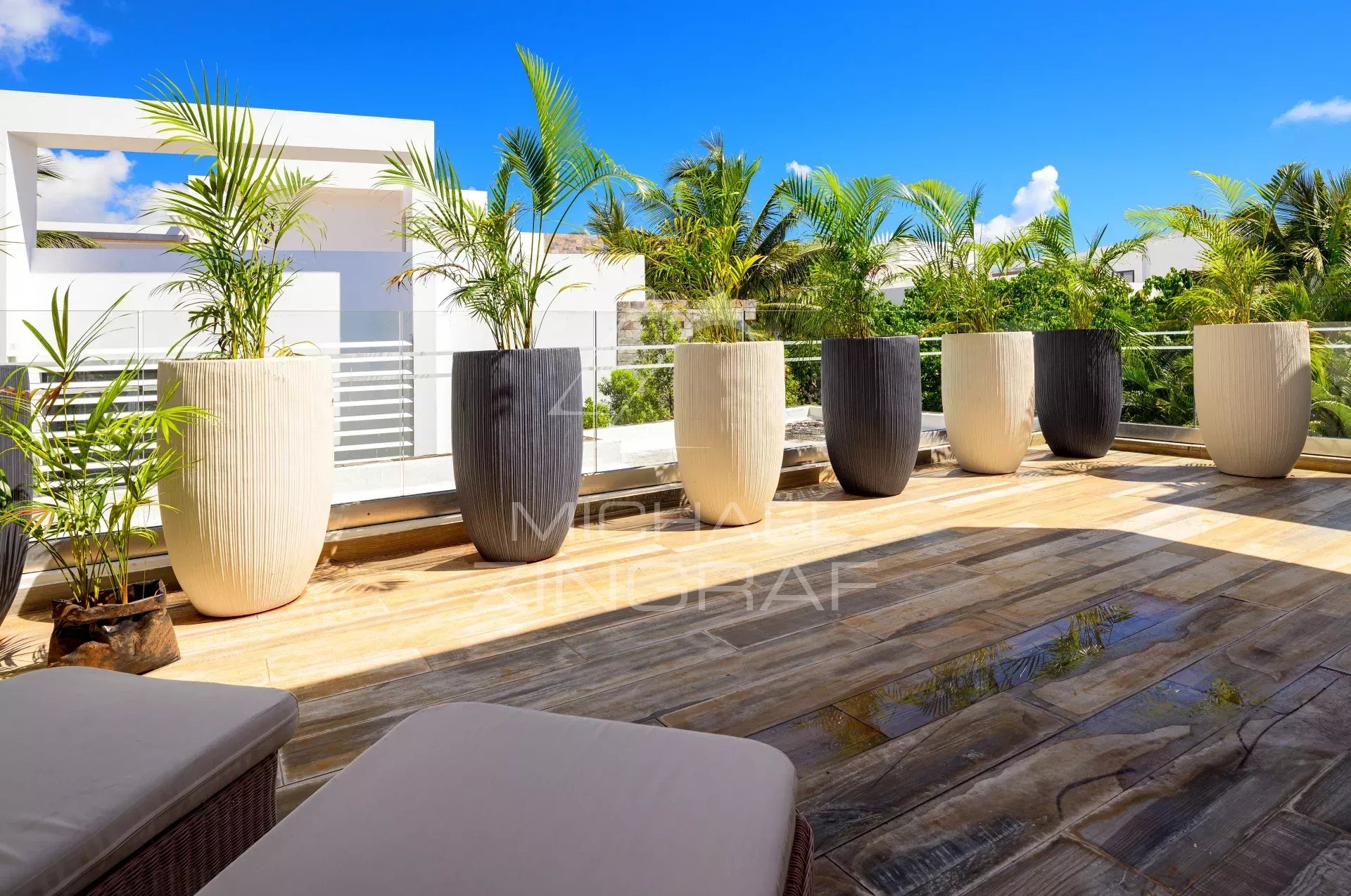 Row of tall ribbed planters with palm plants along a glass railing on a sunny rooftop terrace