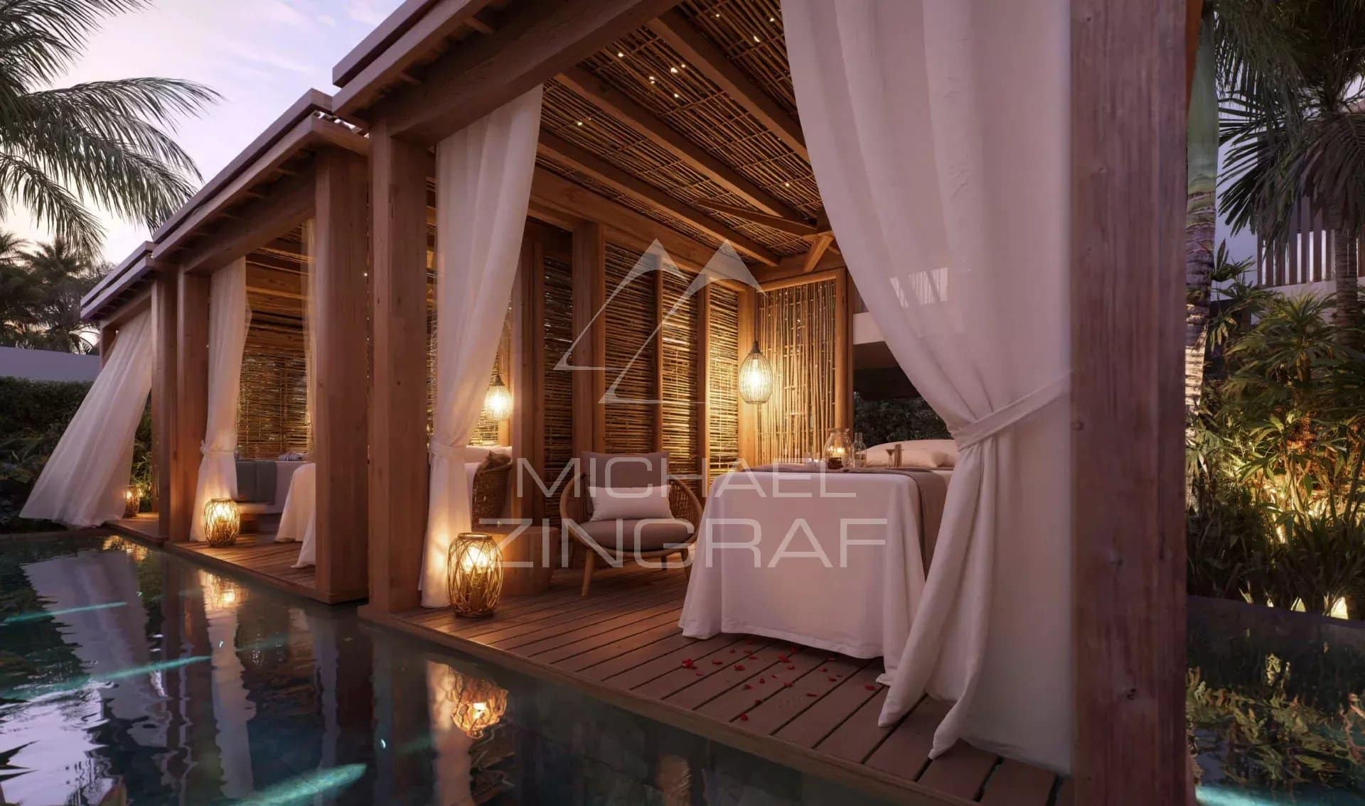Espace de bien-être avec cabines de massage en bois et piscine à Grand Baie.