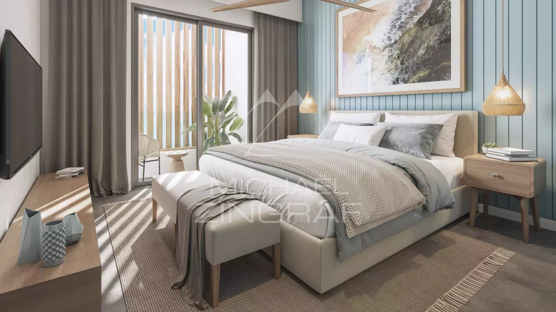 Chambre moderne d'un penthouse avec lit king-size et fenêtres donnant sur l'extérieur à Grand Baie.