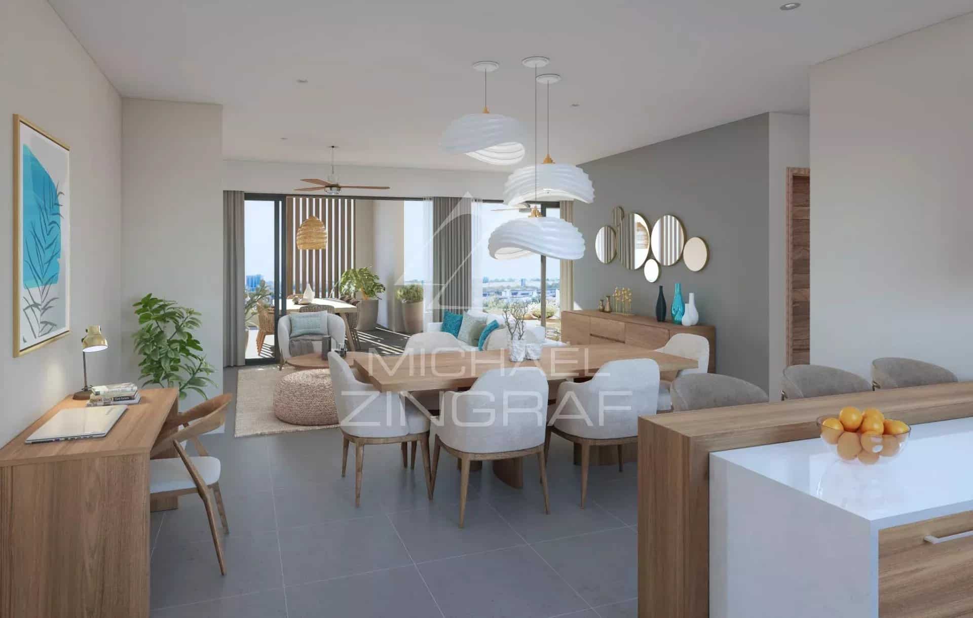 Intérieur d'un penthouse moderne avec salon, salle à manger et cuisine ouverte à Grand Baie.