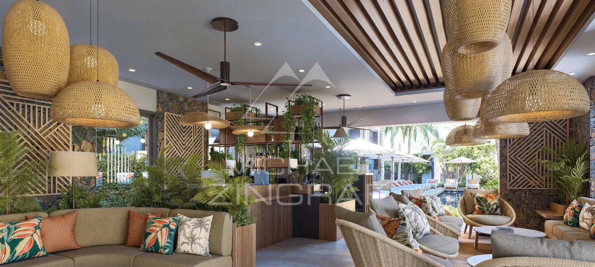 Intérieur d'un penthouse moderne avec mobilier contemporain et décoration végétale à Grand Baie.