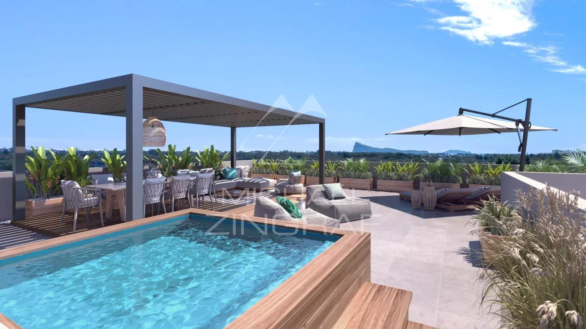 Rooftop privatif avec piscine et espace détente à Grand Baie, île Maurice.