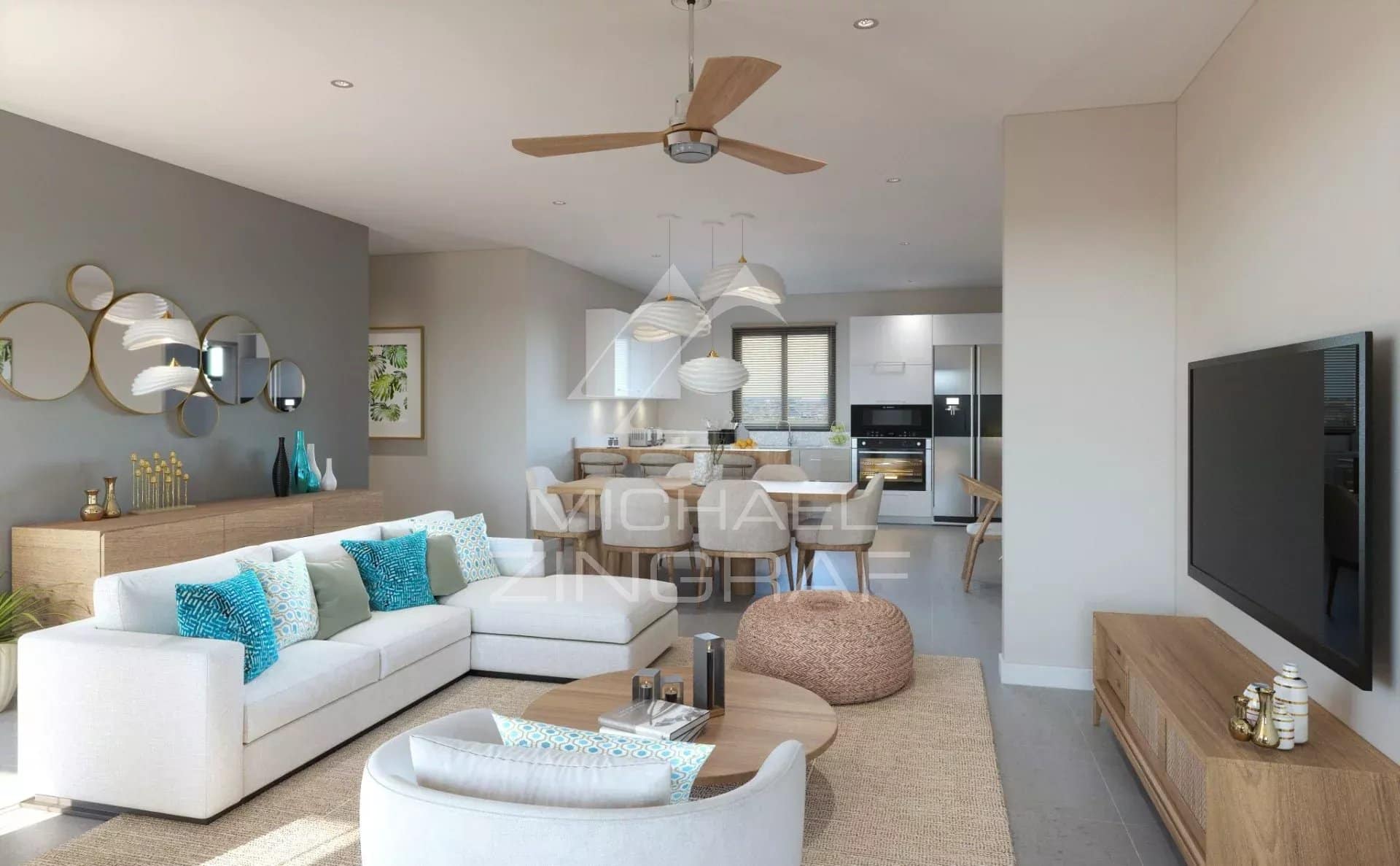 Intérieur d'un penthouse moderne avec salon lumineux et cuisine ouverte à Grand Baie.