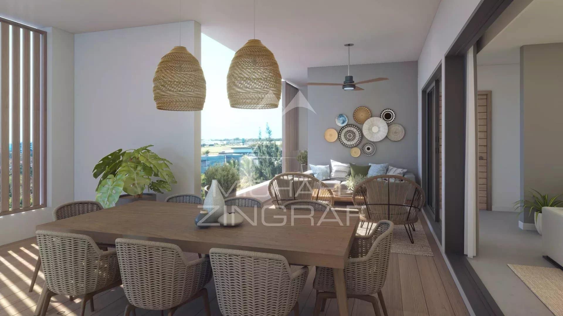 Terrasse d'un penthouse avec mobilier en rotin et décoration moderne à Grand Baie.