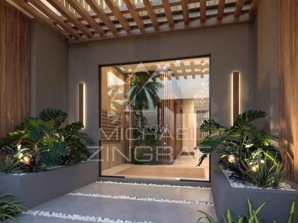 Entrée d'un penthouse moderne avec des plantes et un éclairage subtil à Grand Baie.