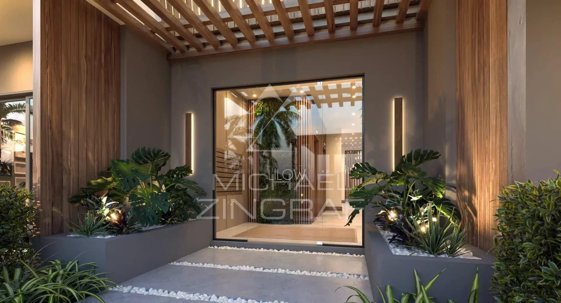 Entrée d'un penthouse moderne avec des plantes et un éclairage subtil à Grand Baie.