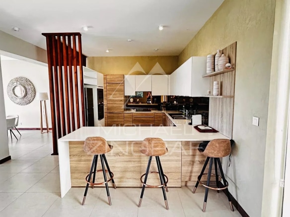 Cuisine moderne ouverte sur le salon dans un penthouse à Grand Baie, Île Maurice.
