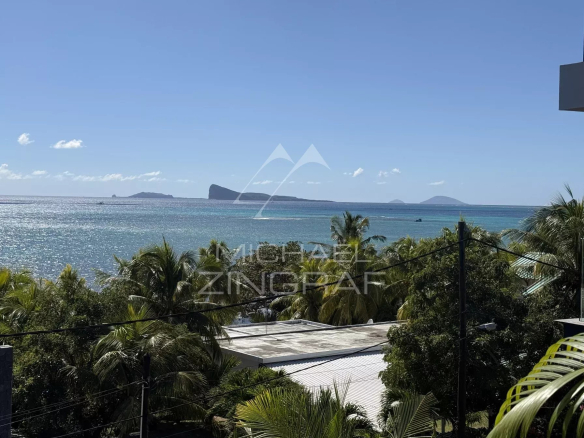 Sea view from a penthouse in Pointe aux Canonniers, Grand Baie, with palm trees in the foreground.