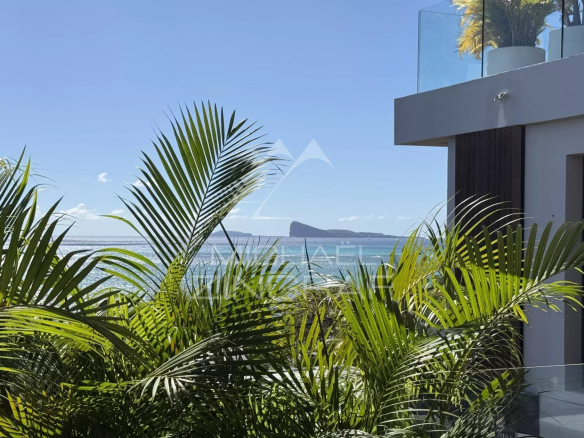 View from a penthouse with palm trees and the sea in the background at Pointe aux Canonniers.