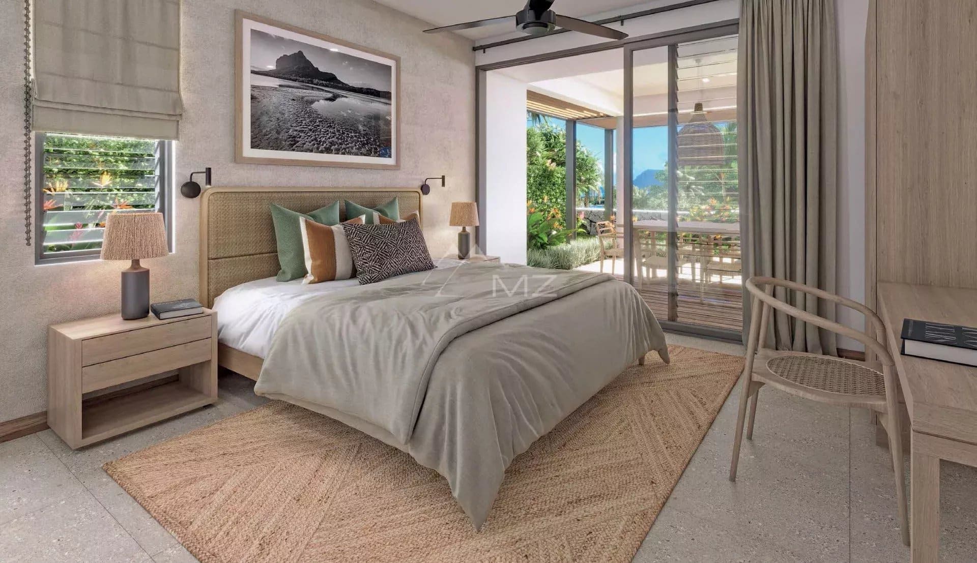 Chambre d'une villa avec vue sur l'océan à Rivière Noire, décorée avec des éléments modernes et lumineux.