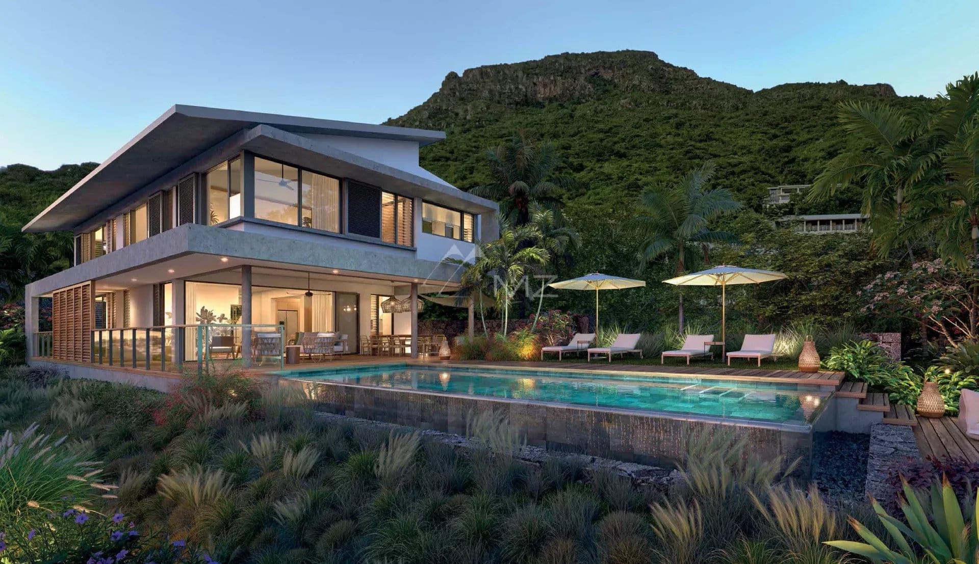 Villa moderne avec piscine et jardin, vue sur la montagne à Rivière Noire.