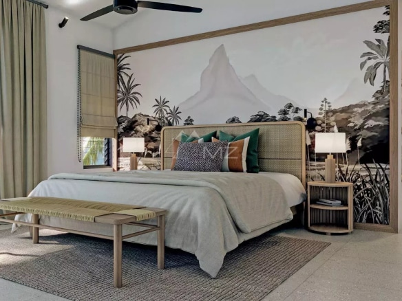 Chambre d'une villa avec vue sur l'océan à Rivière Noire, décorée avec un lit et des éléments naturels.