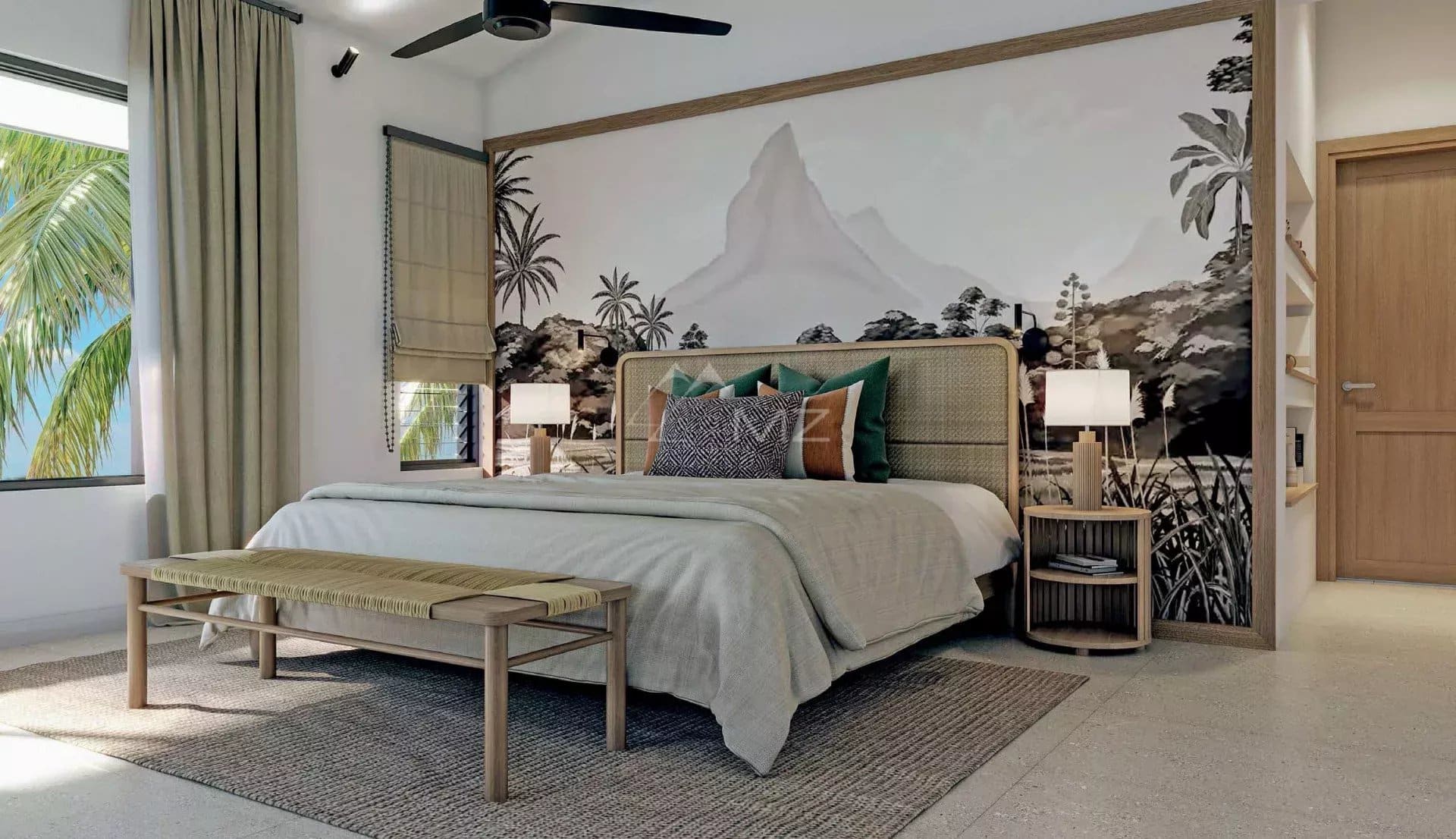 Chambre d'une villa avec vue sur l'océan à Rivière Noire, décorée avec un lit et des éléments naturels.