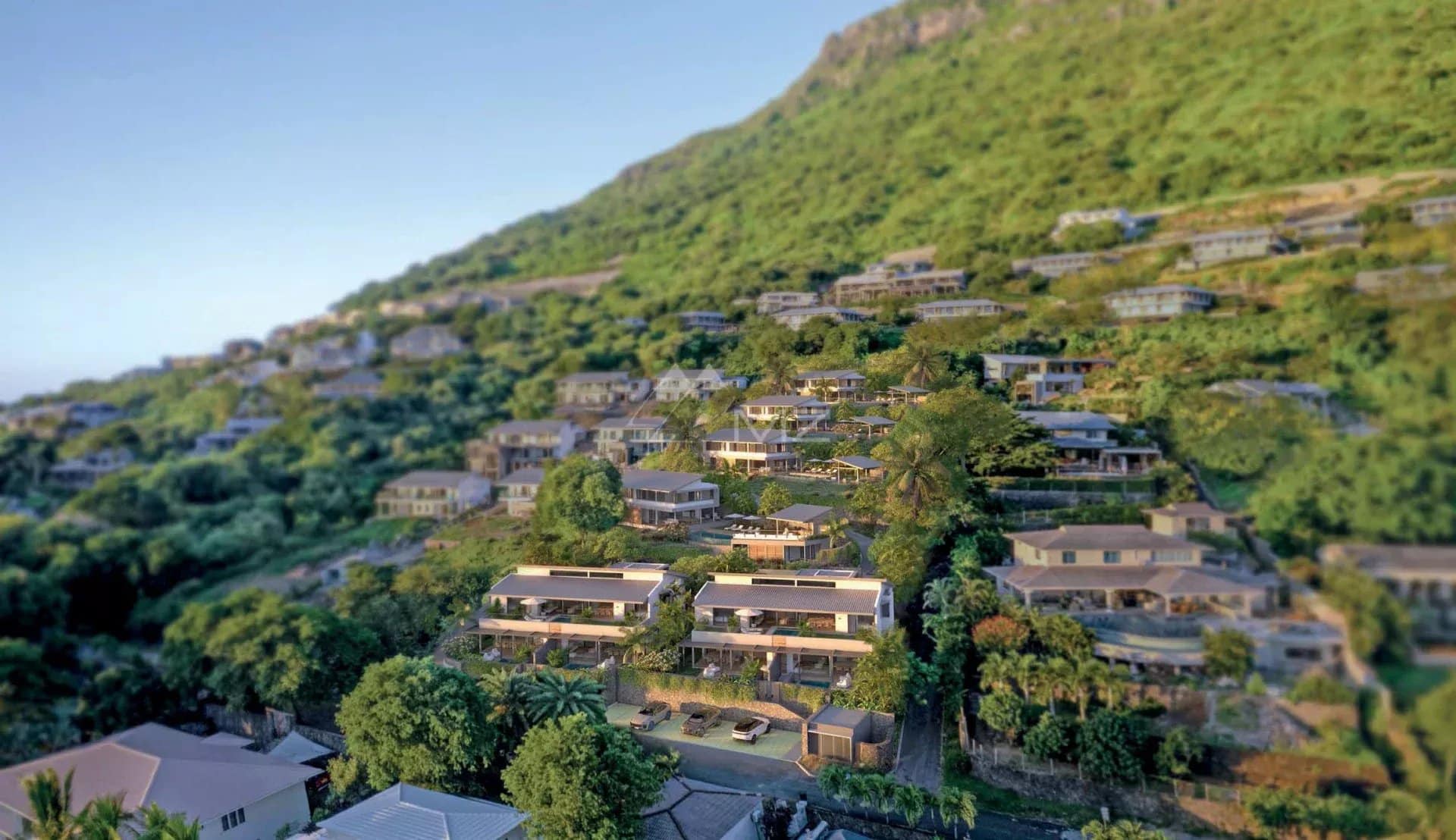 Vue aérienne de villas avec jardin à Rivière Noire, entourées de verdure et offrant une vue sur l'océan.