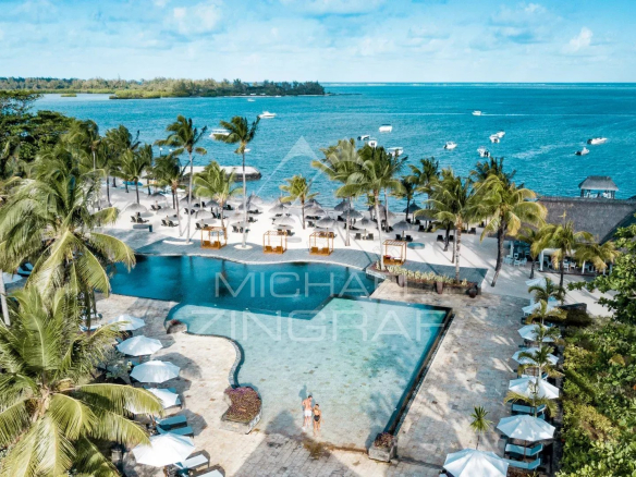 Aerial view of a modern villa with pool and beach in Mauritius, surrounded by palm trees.