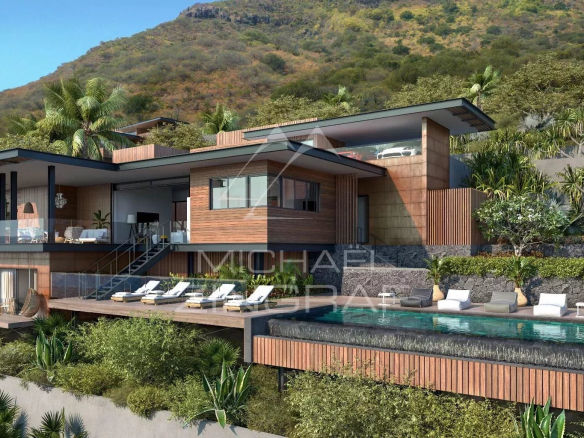 Vue extérieure d'une villa moderne avec piscine à débordement et terrasse, entourée de verdure.