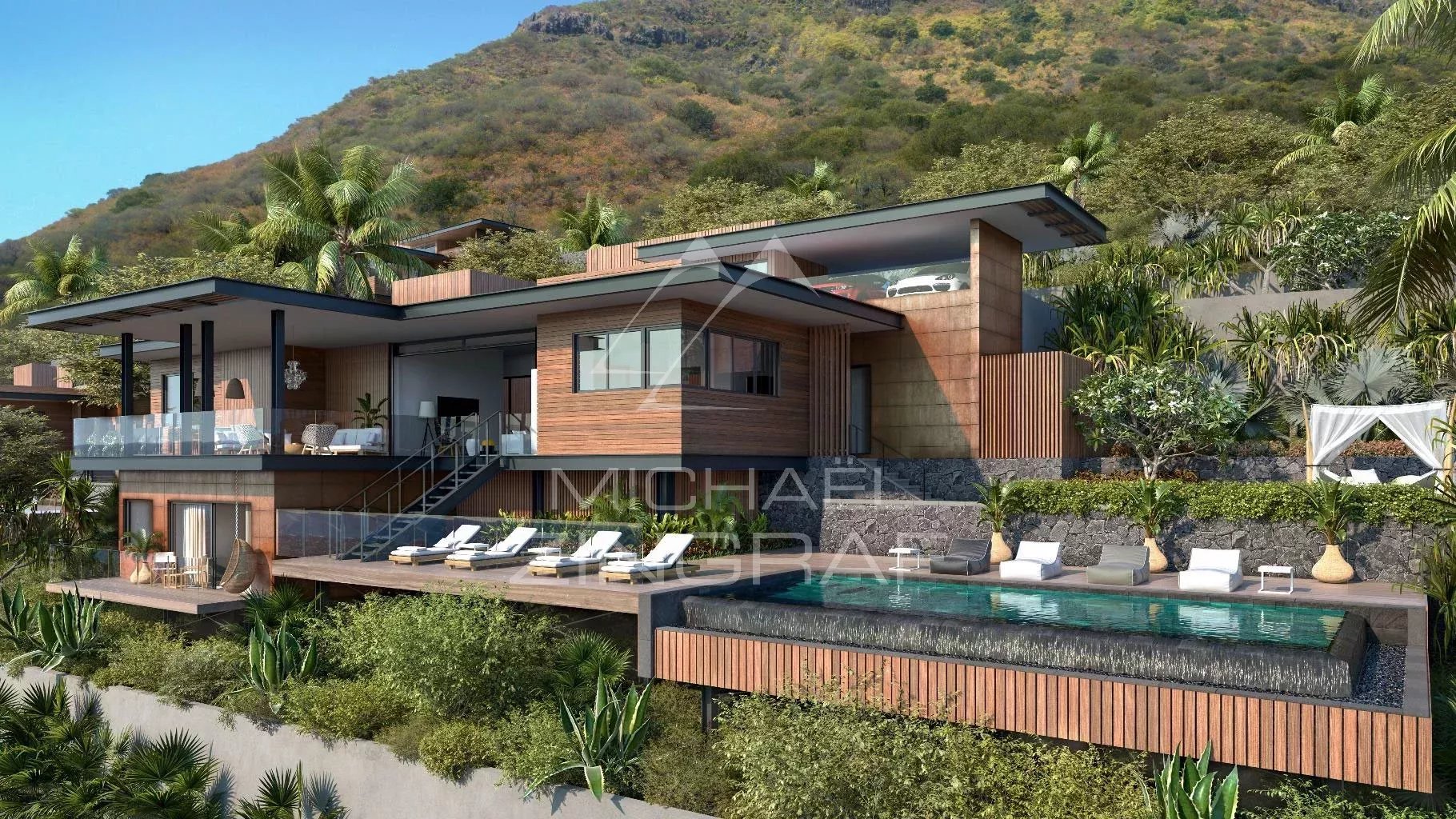 Vue extérieure d'une villa moderne avec piscine à débordement et terrasse, entourée de verdure.