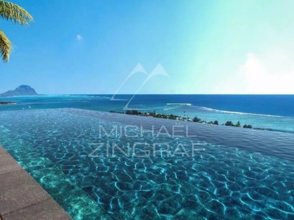 Vue de la piscine à débordement de la villa Chamarel sur la mer à Rivière Noire.