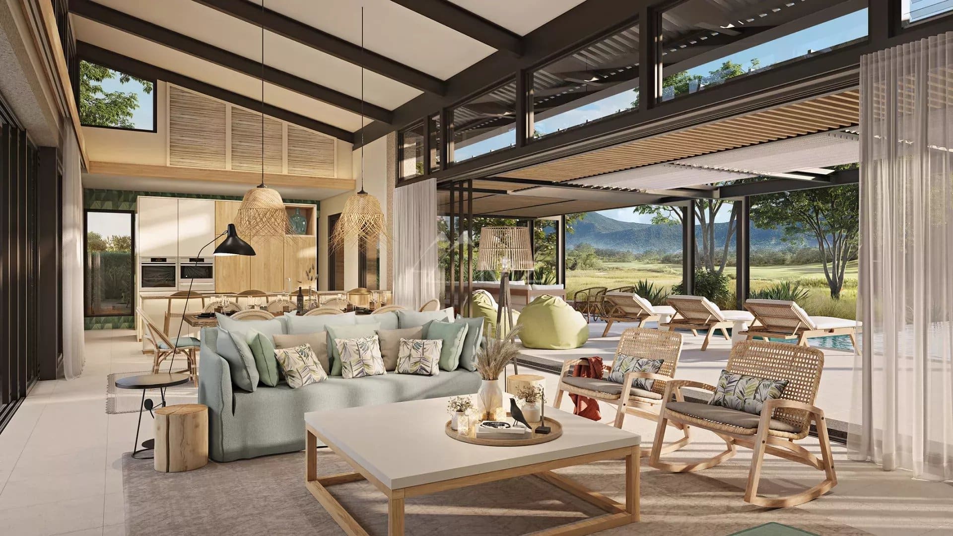 Intérieur d'une villa moderne avec salon lumineux et vue sur le golf à Rivière Noire, Île Maurice.