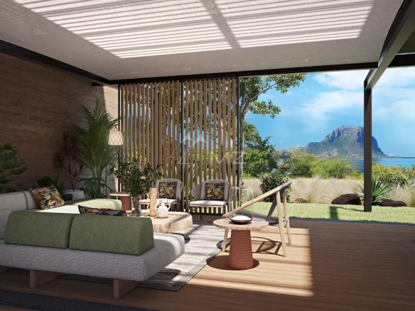Intérieur d'une villa moderne avec vue sur la mer et la péninsule du Morne à Rivière Noire, Île Maurice.