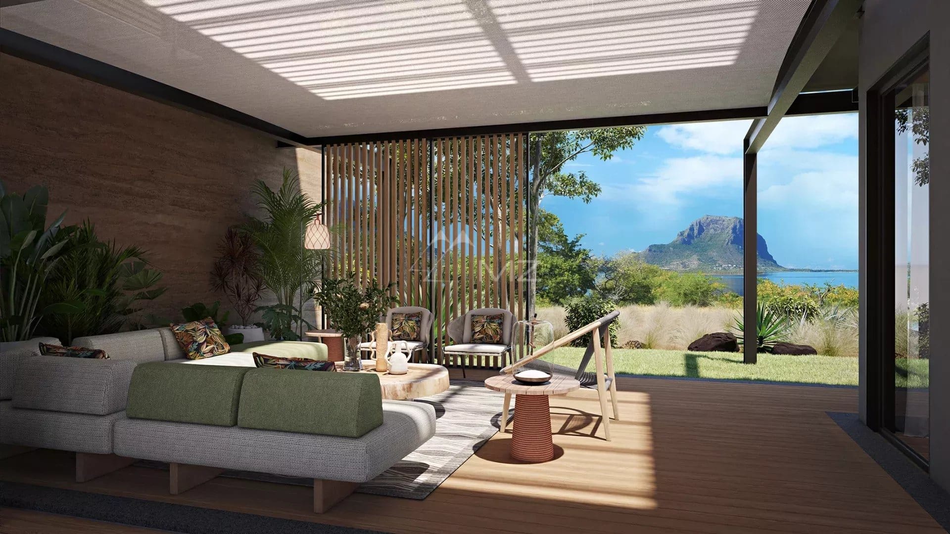 Villa moderne à Rivière Noire Intérieur d'une villa moderne avec vue sur la mer et la péninsule du Morne à Rivière Noire, Île Maurice.