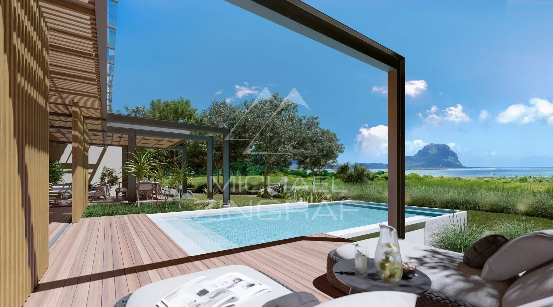 Villa moderne à Rivière Noire Vue d'une villa moderne avec piscine et terrasse, entourée de verdure à Rivière Noire, Île Maurice.