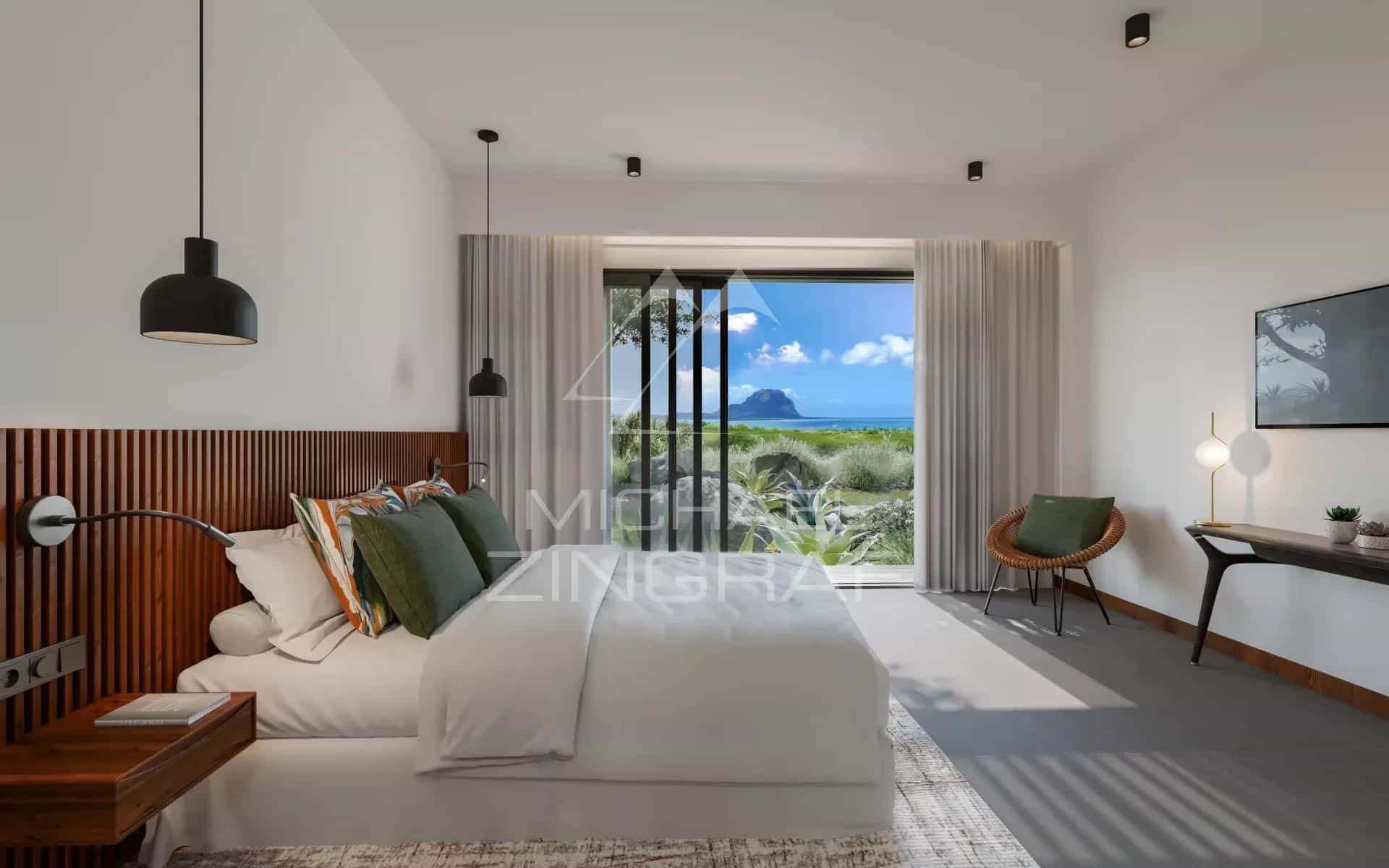 Chambre avec vue sur la mer à Rivière Noire Chambre d'une villa moderne avec vue sur la mer à Rivière Noire, Île Maurice.