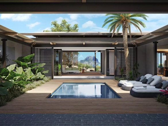 Vue intérieure d'une villa moderne avec piscine, entourée de verdure à Rivière Noire, Île Maurice.