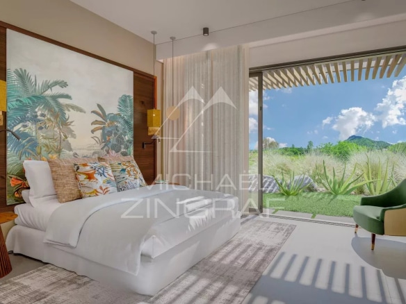Chambre d'une villa moderne avec vue sur la nature à Rivière Noire, Île Maurice.