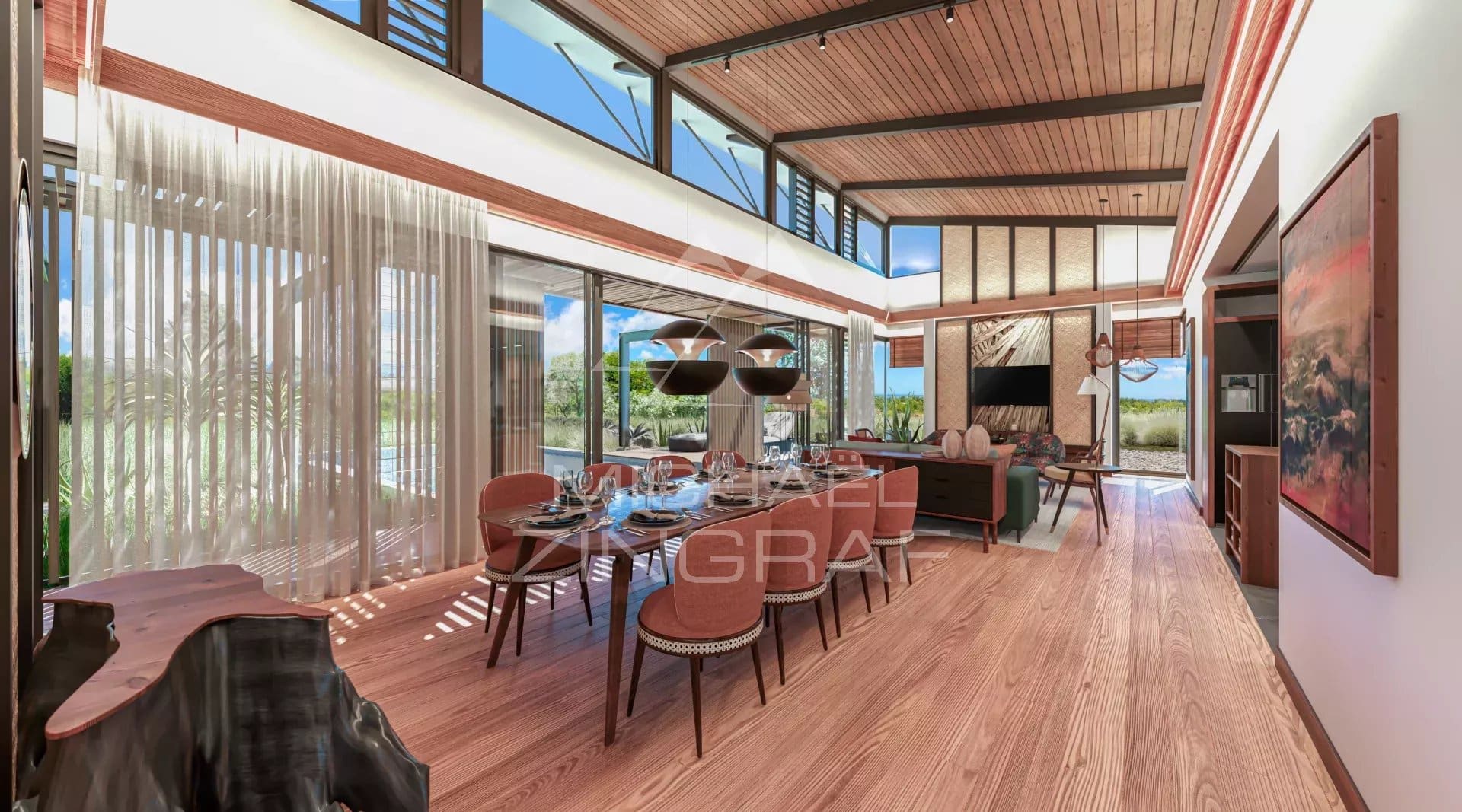 Intérieur de la villa à Rivière Noire Intérieur d'une villa moderne avec salle à manger lumineuse et vue sur la nature.