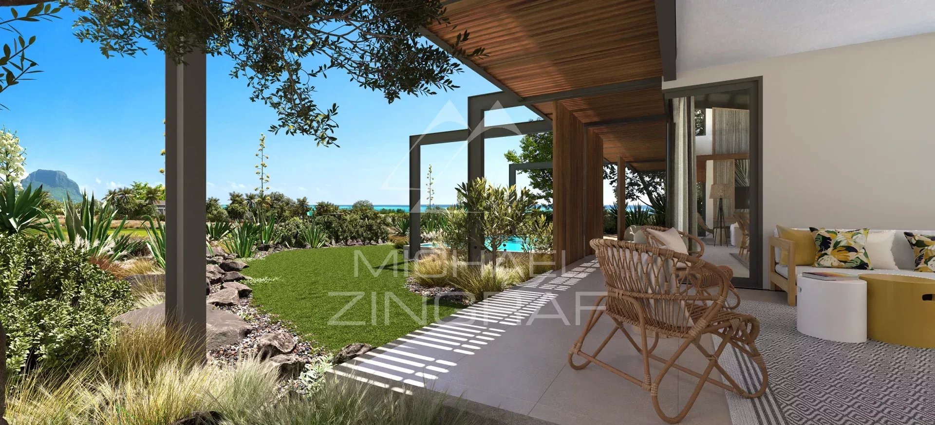 Villa sur golf à Rivière Noire Terrasse d'une villa moderne avec vue sur la mer et le jardin, Île Maurice.