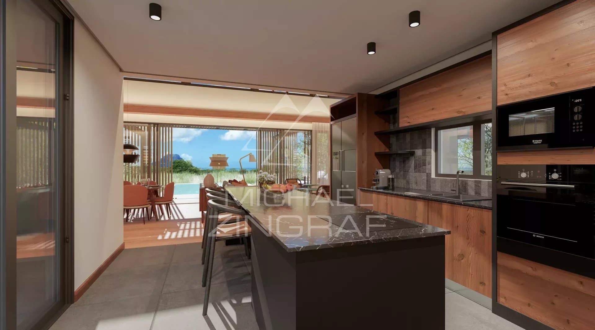 Intérieur de villa à Rivière Noire Intérieur d'une villa moderne avec cuisine ouverte et vue sur l'extérieur à Rivière Noire, Île Maurice.