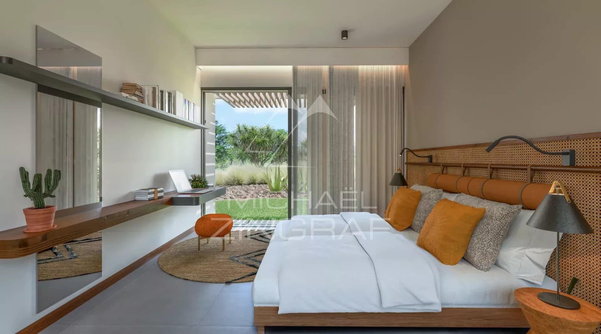 Chambre de villa à Rivière Noire Chambre d'une villa moderne avec vue sur le jardin à Rivière Noire, Île Maurice.