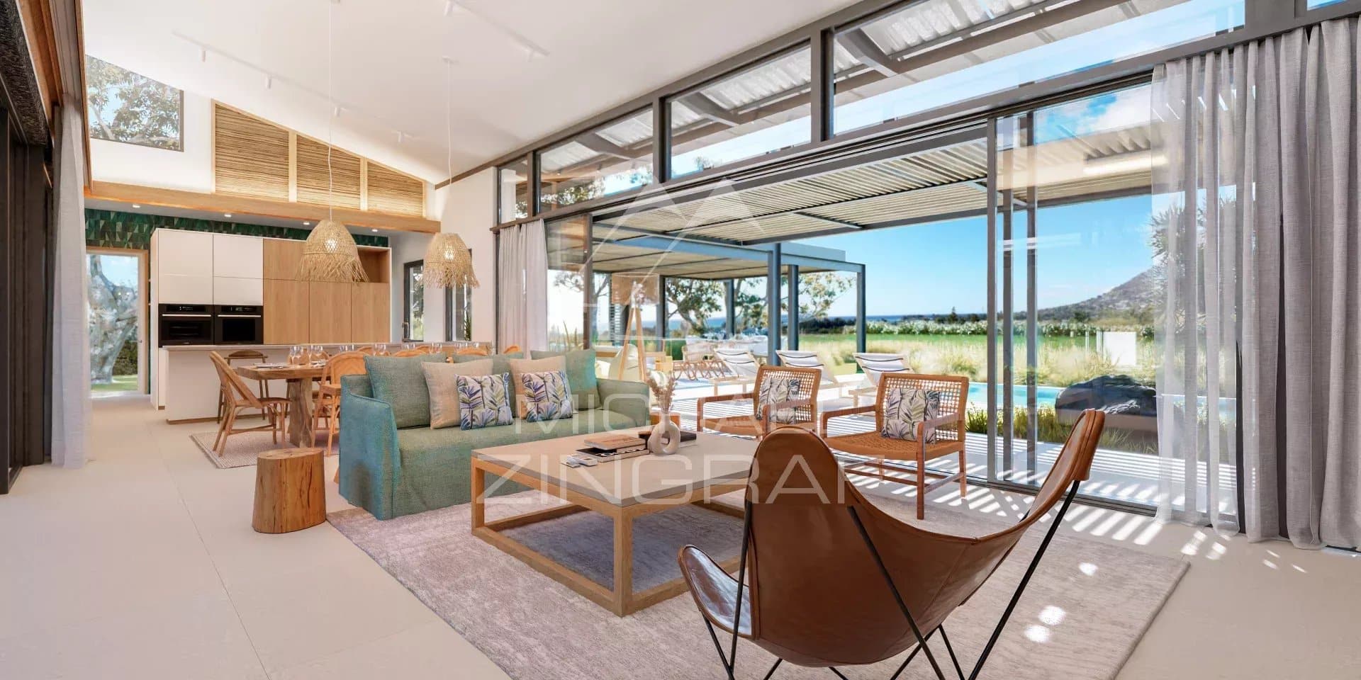 Intérieur d'une villa moderne avec vue sur un golf et une montagne à Rivière Noire, Île Maurice.