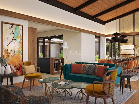 Intérieur d'une villa élégante avec salon spacieux et décor moderne à Rivière Noire, Île Maurice.