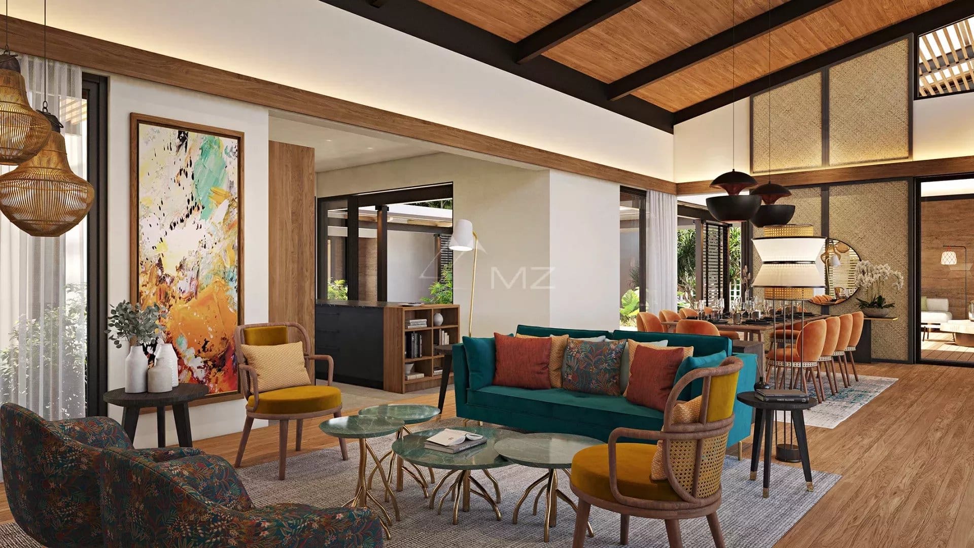 Intérieur d'une villa élégante avec salon spacieux et décor moderne à Rivière Noire, Île Maurice.