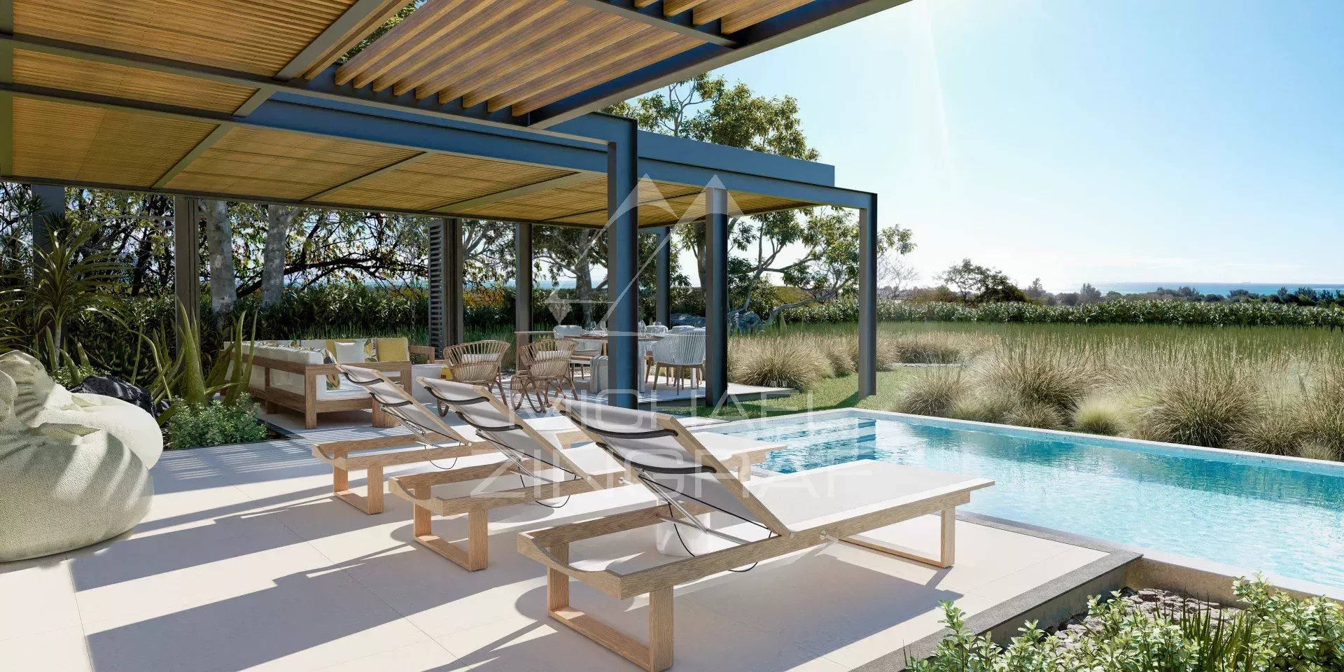 Terrasse d'une villa avec chaises longues et piscine, vue sur le golf à Rivière Noire, Île Maurice.