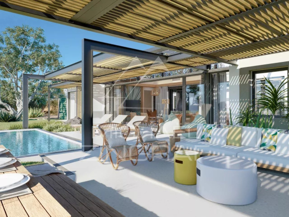 Villa moderne avec piscine et espace extérieur, vue sur golf à Rivière Noire, Île Maurice.