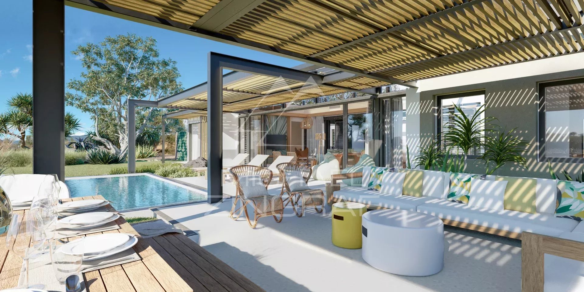 Villa moderne avec piscine et espace extérieur, vue sur golf à Rivière Noire, Île Maurice.