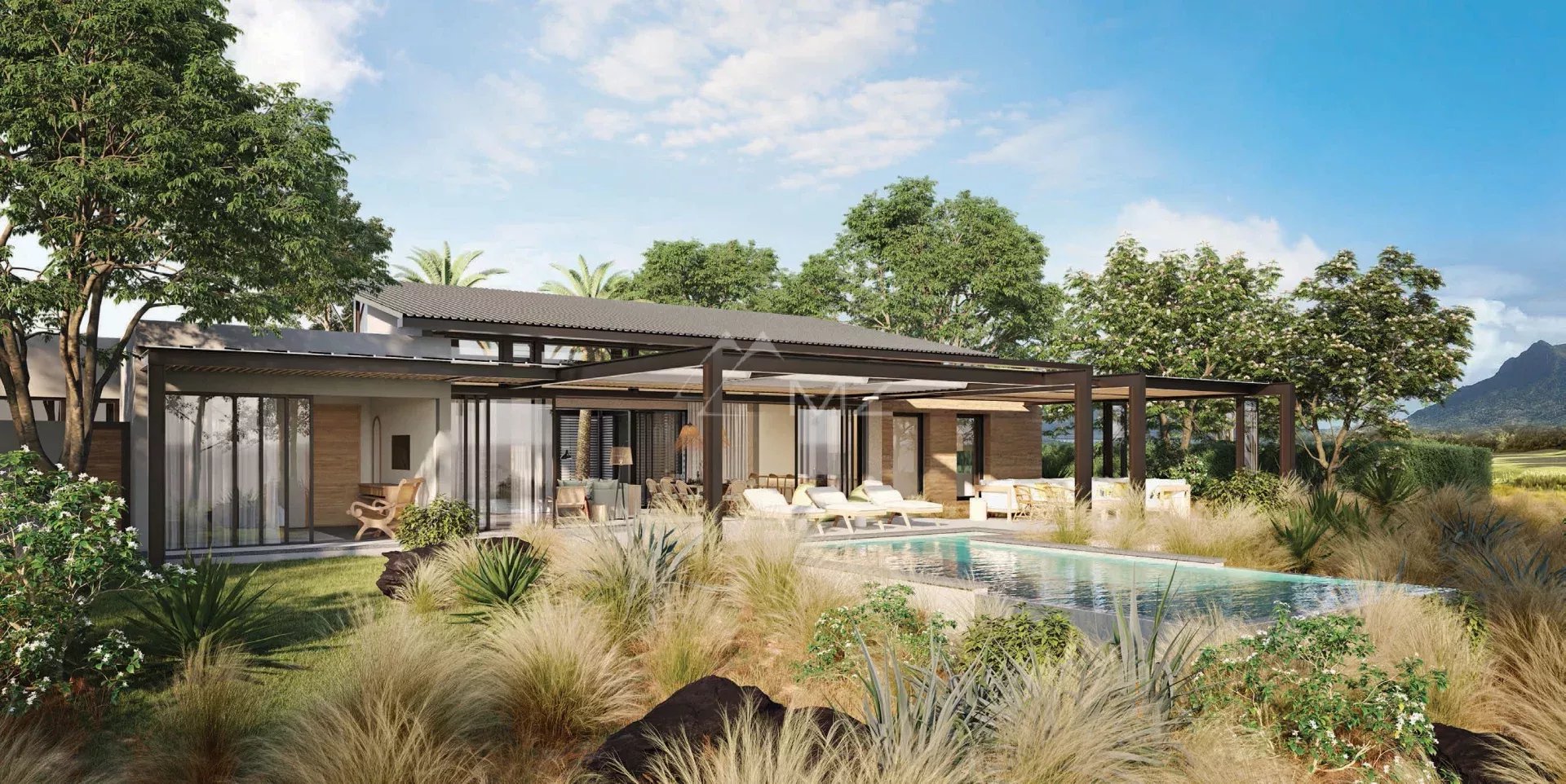 Villa moderne avec piscine et aménagement paysager tropical, vue sur le golf et la montagne de Tamarin.