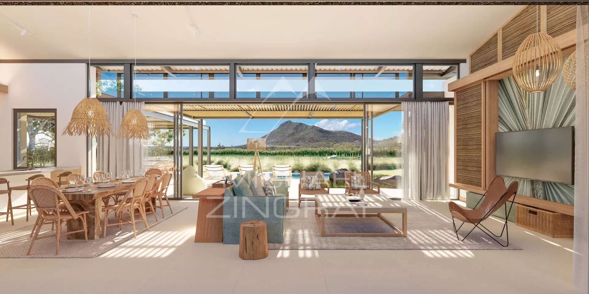 Intérieur d'une villa élégante avec vue sur le golf et la montagne, à Rivière Noire, Île Maurice.