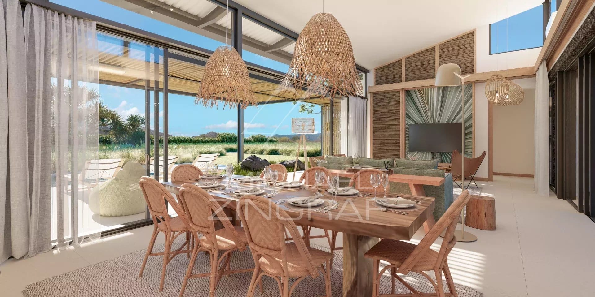 Intérieur d'une villa élégante avec vue sur le golf, Rivière Noire, Île Maurice.