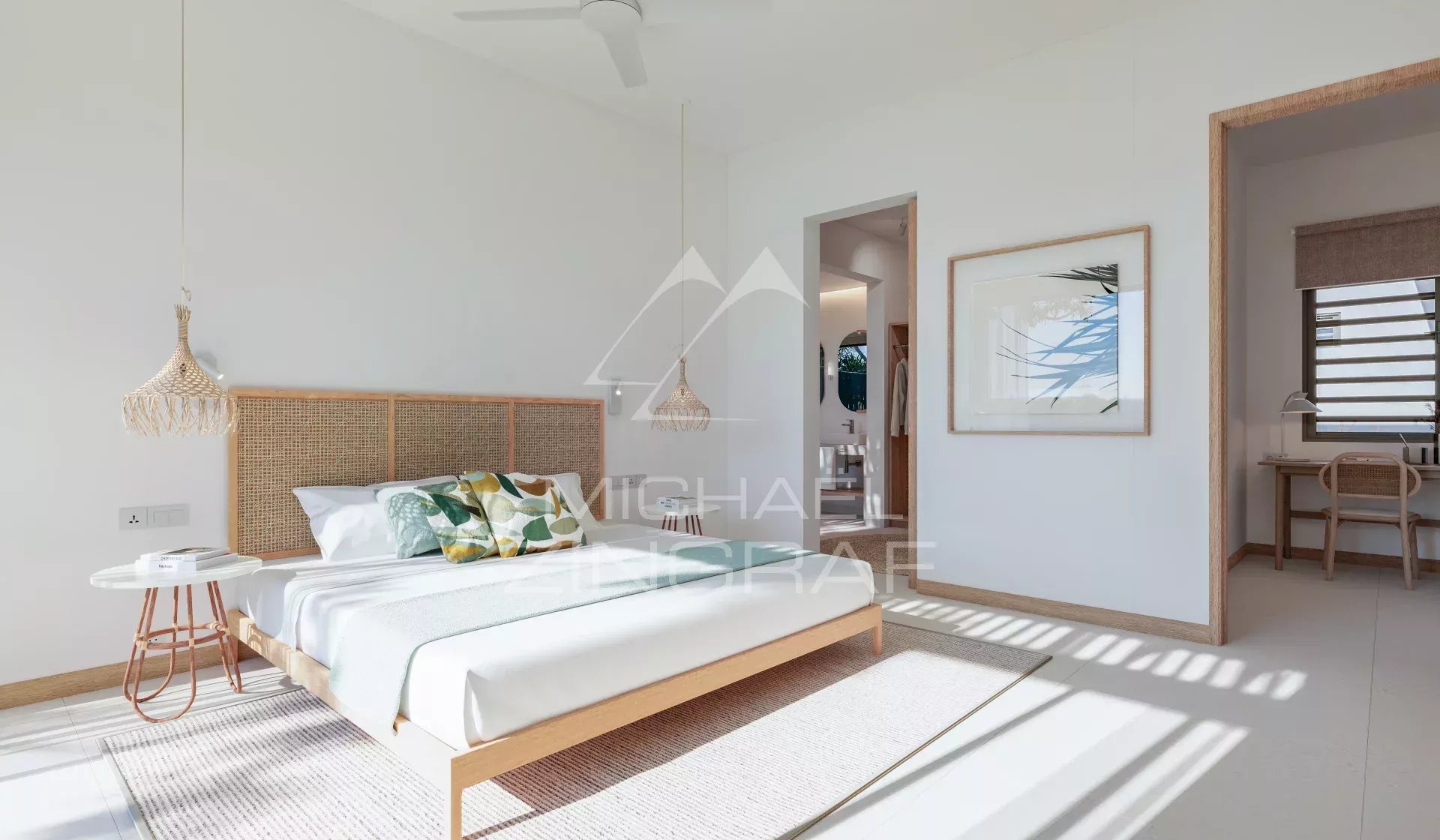 Chambre d'une villa moderne avec lit, décoration minimaliste et lumière naturelle à Rivière Noire, Île Maurice.