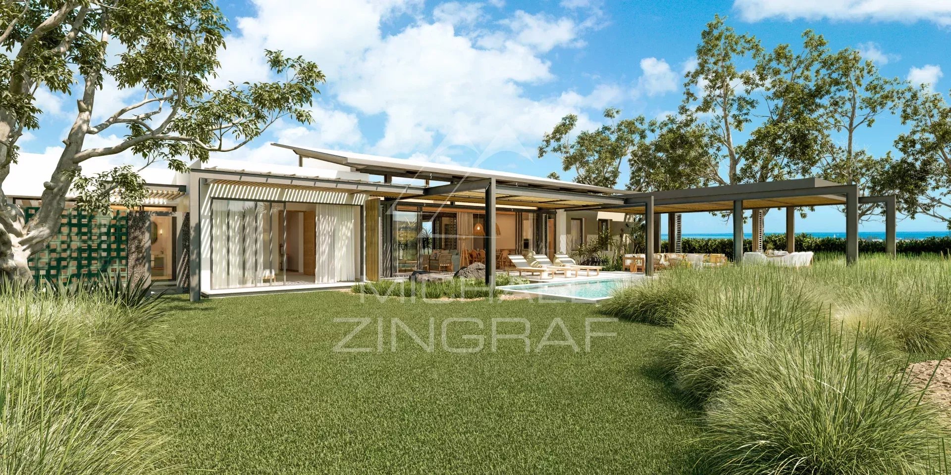 Villa moderne avec piscine et jardin sur le golf à Rivière Noire, Île Maurice.