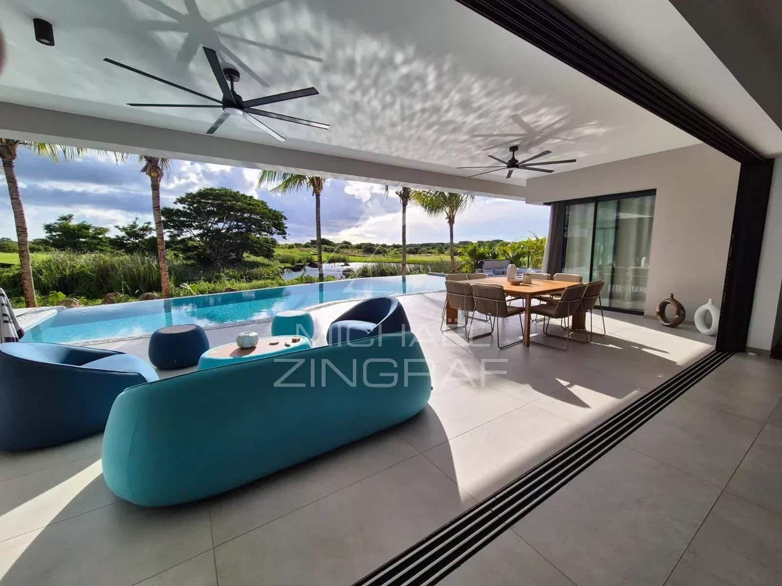 Interior of a contemporary villa with swimming pool in Mon Choisy Golf, Grand Baie.