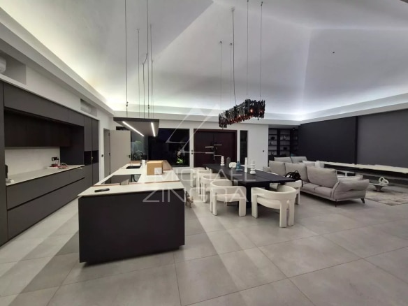Interior of a contemporary villa with open kitchen and bright living room.