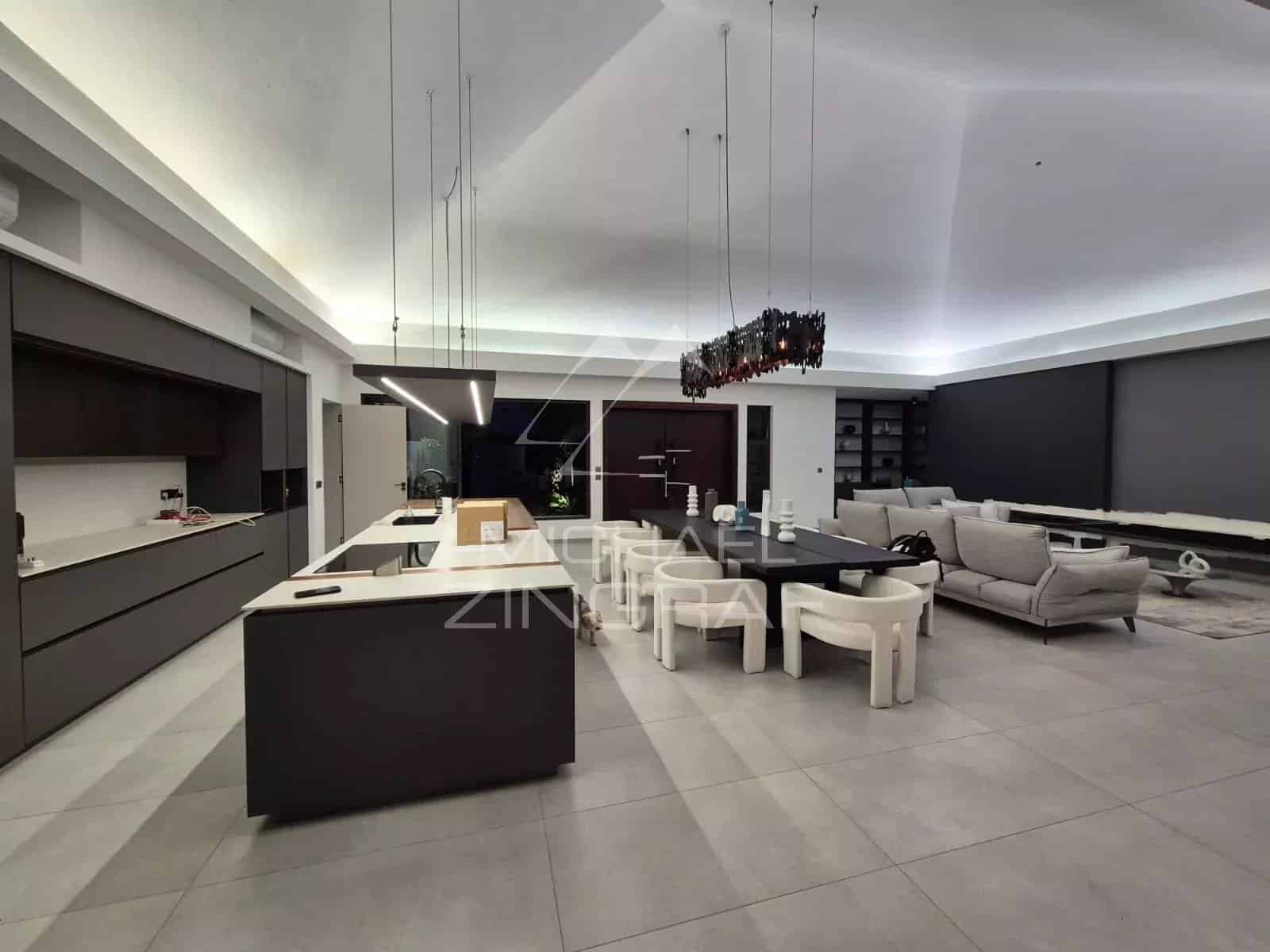 Interior of a contemporary villa with open kitchen and bright living room.