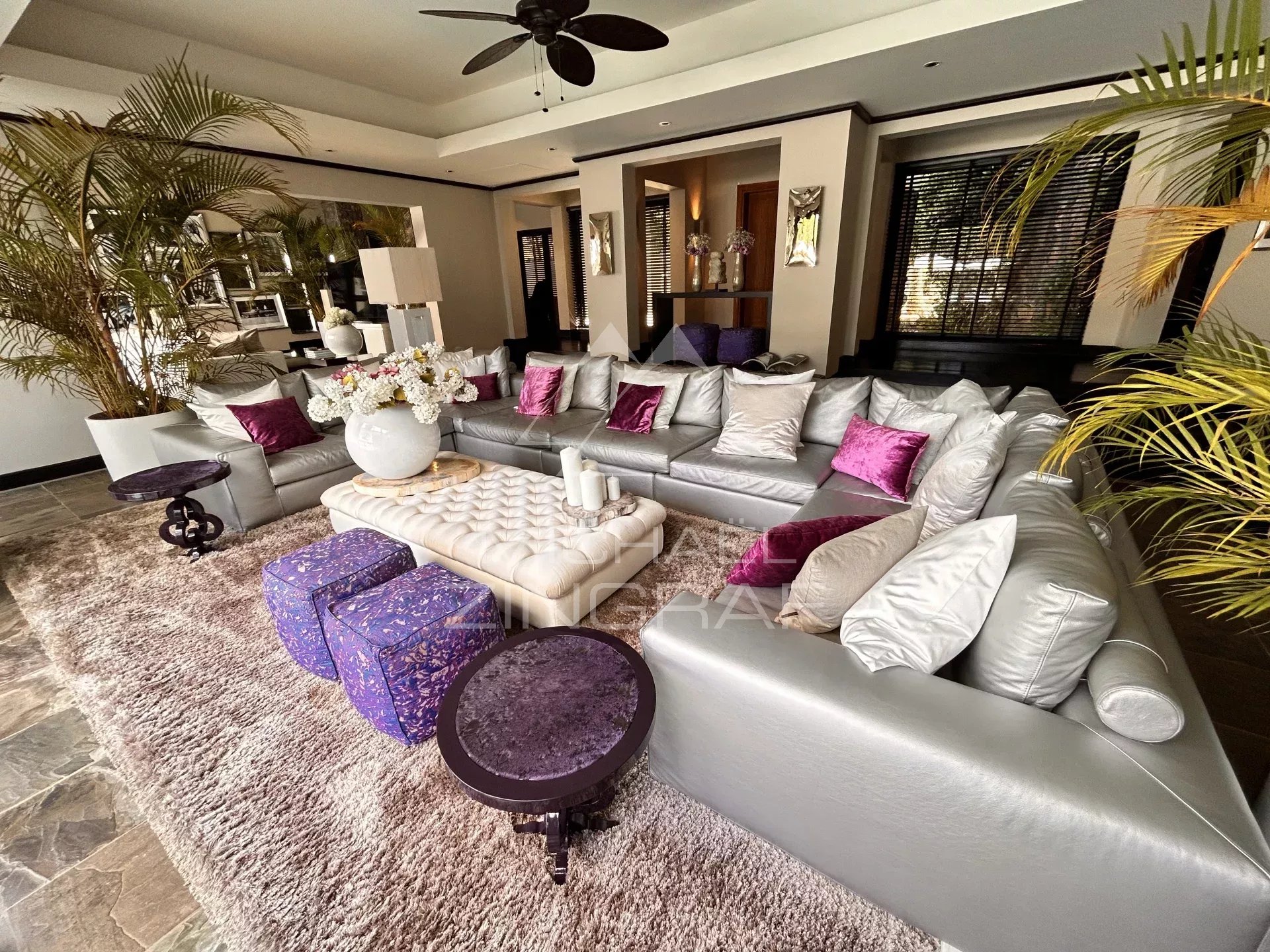 Interior of a villa in Beau Champ with an elegant living room, modern sofa and glamorous decor.