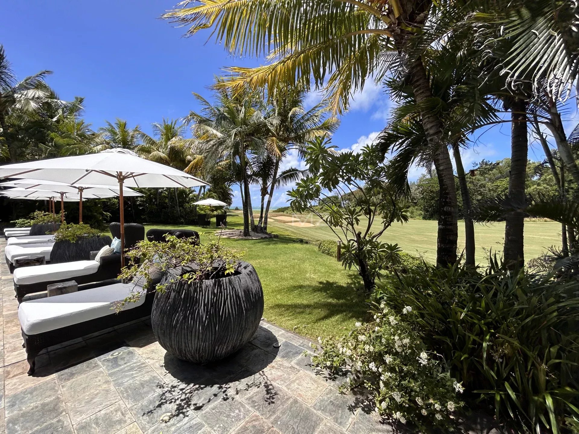 View of the villa with swimming pool, sun loungers and palm trees, overlooking a golf course.
